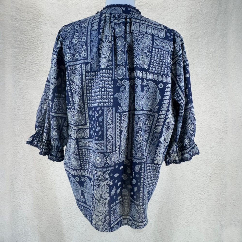Democracy Top Patchwork Paisley Print Women Sze 1X Blue 3/4 Sleeve Blouse Boho - Picture 2 of 10